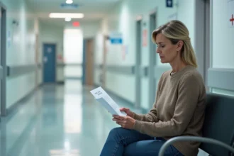 Femme d'âge moyen attend dans un hôpital moderne