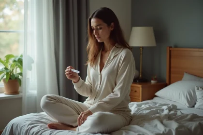 Femme pensive regardant un test de grossesse négatif