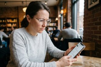 Femme en train de consulter des avis clients sur son téléphone tout en essayant des lunettes dans un café