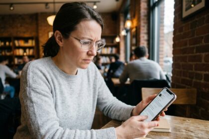 Femme en train de consulter des avis clients sur son téléphone tout en essayant des lunettes dans un café