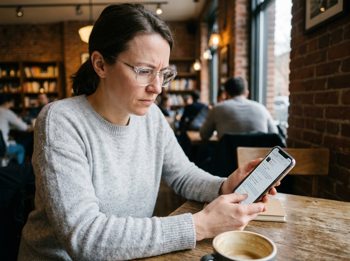 Femme en train de consulter des avis clients sur son téléphone tout en essayant des lunettes dans un café