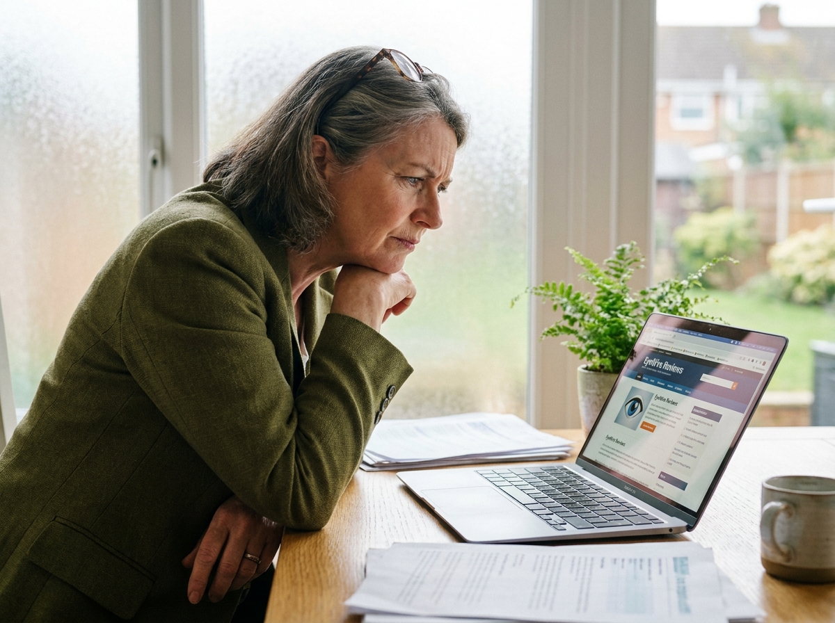 Femme mature consultant des avis en ligne sur les lunettes depuis son bureau à domicile