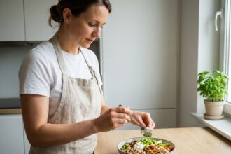 Femme préparant un bowl hyperprotéiné avec du poulet grillé, quinoa et yaourt grec dans une cuisine moderne