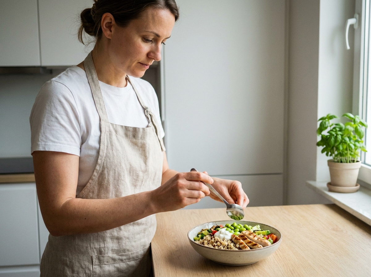 Femme préparant un bowl hyperprotéiné avec du poulet grillé, quinoa et yaourt grec dans une cuisine moderne