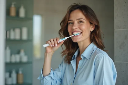 Femme souriante se brossant les dents dans la salle de bain