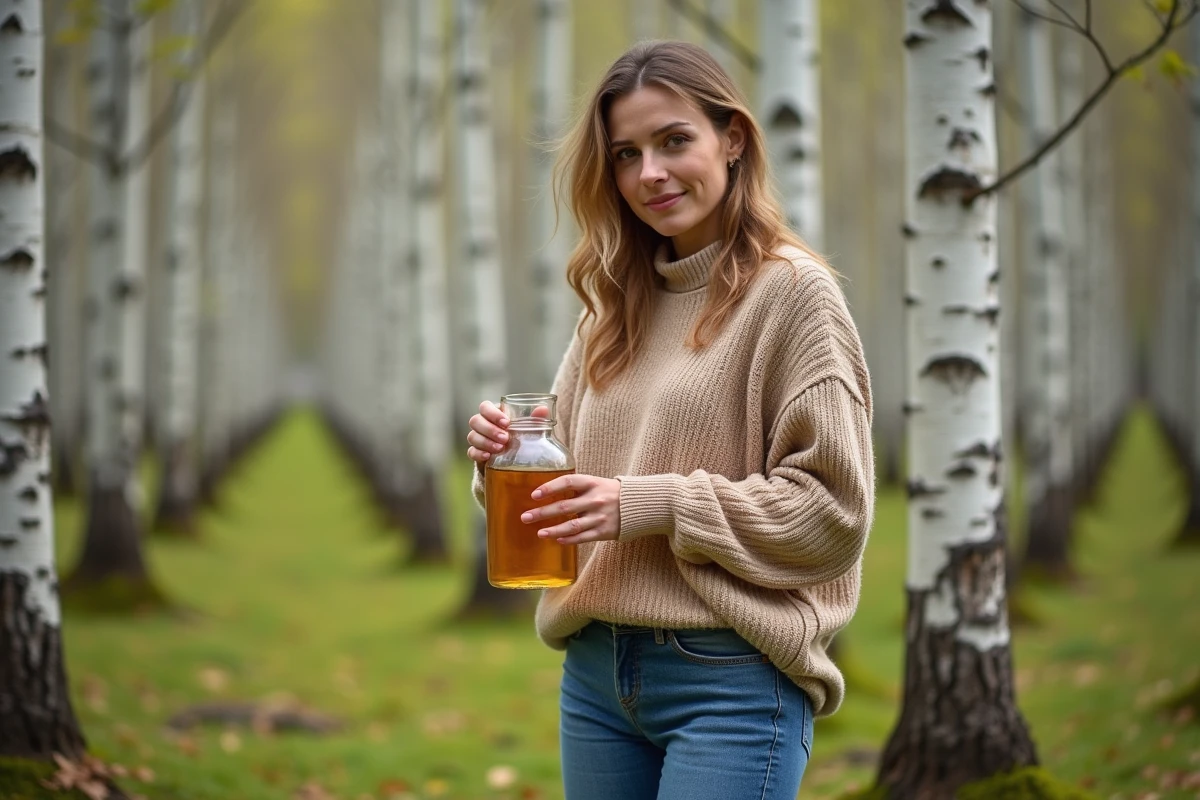 Femme verse du sirop de bouleau dans un verre en forêt