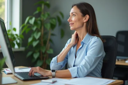 Femme d affaires assise à son bureau ergonomique en milieu professionnel