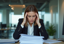 Stress : quel impact sur le corps ? Causes et solutions Femme d'affaires fatiguée au bureau en tenue professionnelle
