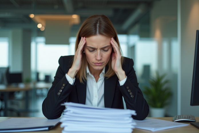 femme-bureau-fatigue Femme d'affaires fatiguée au bureau en tenue professionnelle