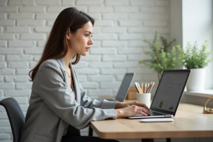 Femme professionnelle utilisant un logiciel de design sur ordinateur portable dans un bureau moderne pour démarrer avec Madeformed Pro