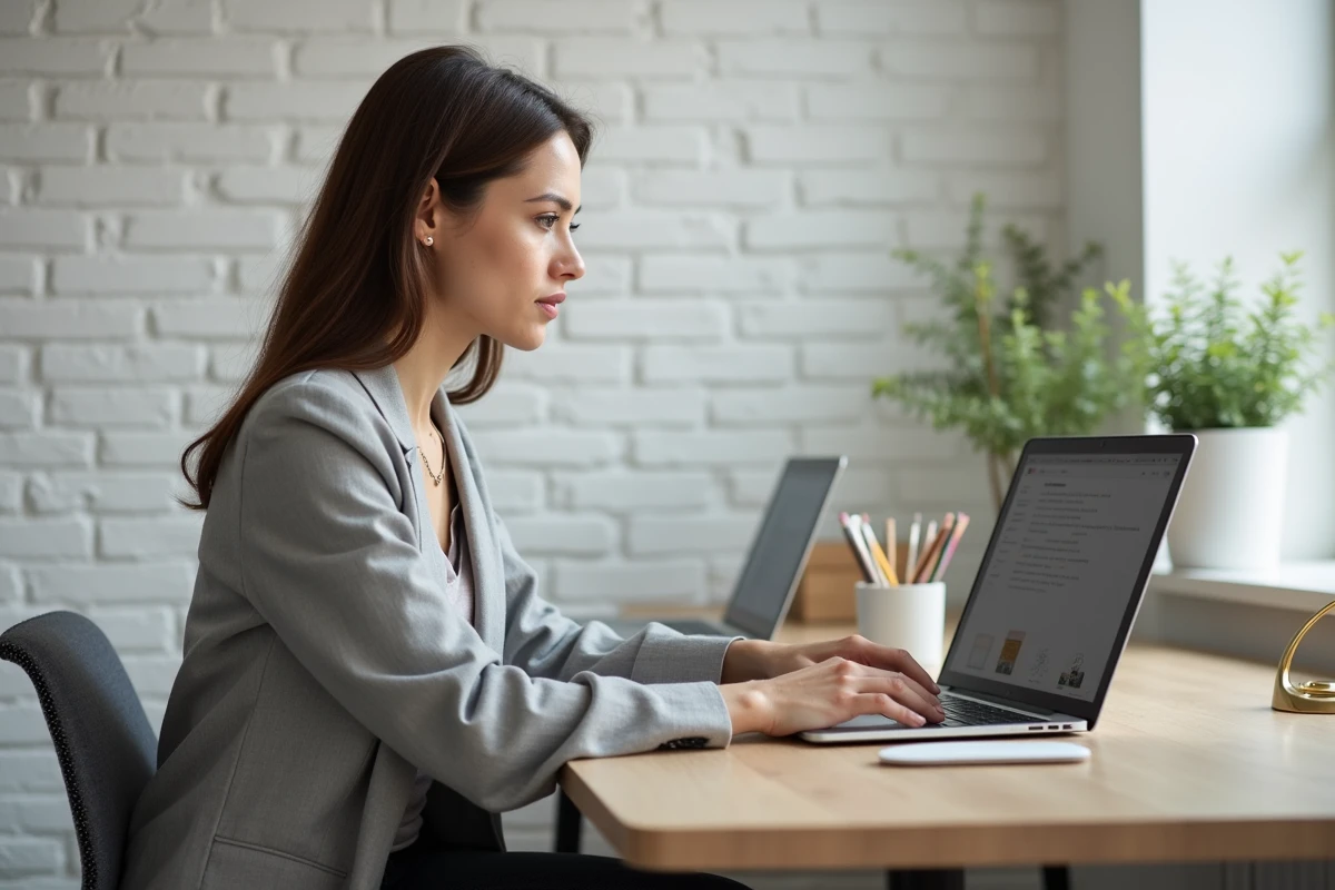 Femme professionnelle utilisant un logiciel de design sur ordinateur portable dans un bureau moderne pour démarrer avec Madeformed Pro