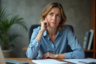 Femme d'âge moyen au bureau en pleine réflexion