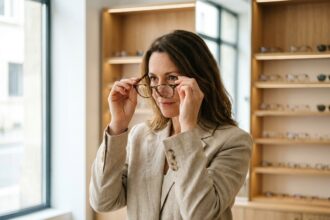 Femme examinant une monture de lunettes dans une opticien à Bordeaux avant de faire son choix