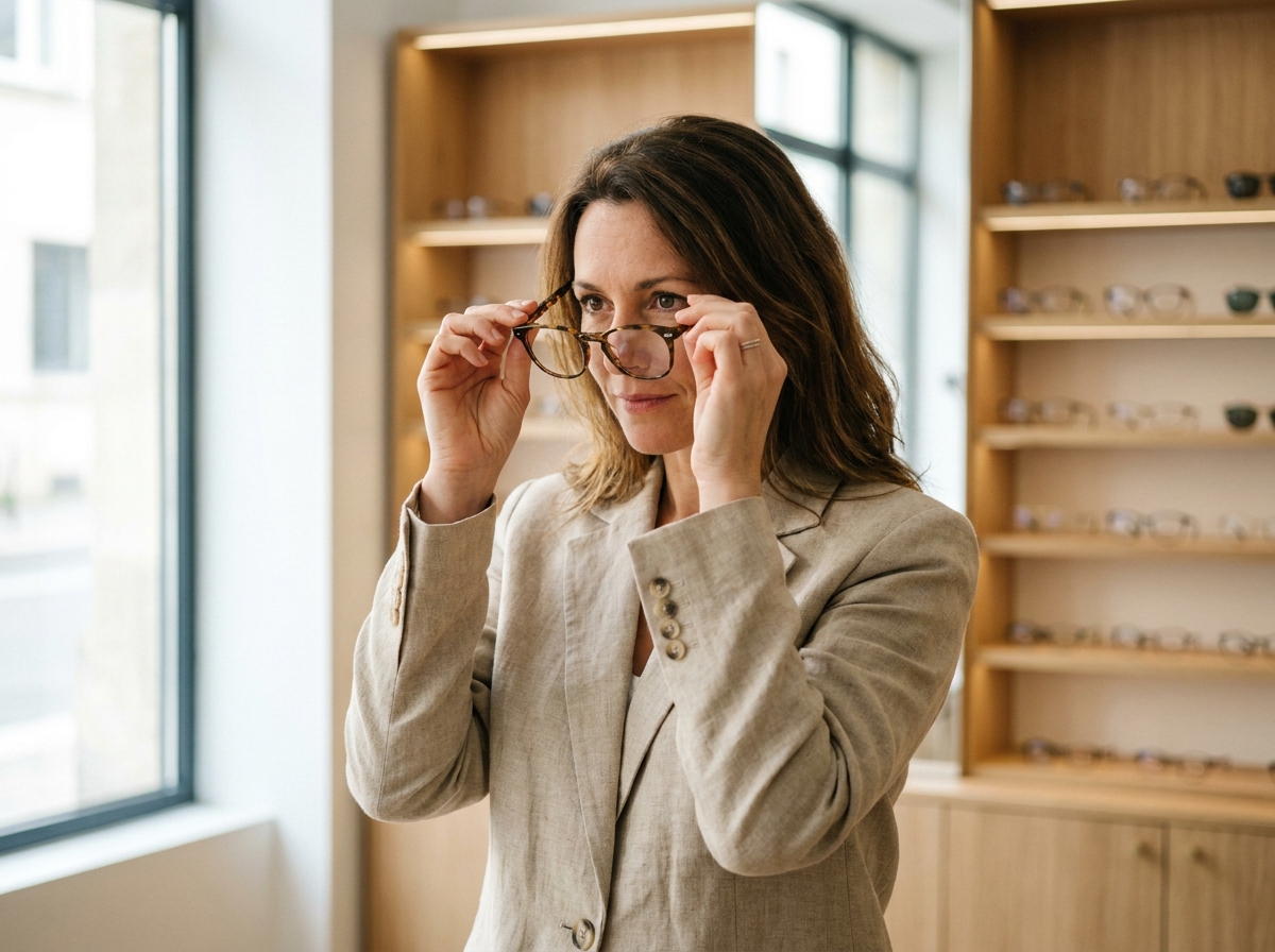 Femme examinant une monture de lunettes dans une opticien à Bordeaux avant de faire son choix