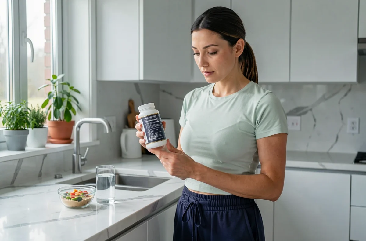 Femme lisant l'étiquette d'un complément alimentaire minceur dans une cuisine moderne et lumineuse