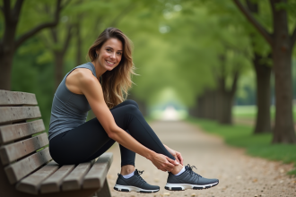 Femme en tenue de sport préparant ses chaussures de course