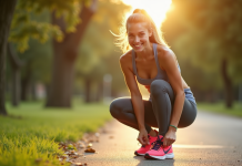 Femme sportive attachant ses chaussures dans un parc ensoleille