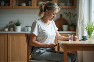 Femme assise sur un coussin orthopédique pour soulager la douleur au coccyx lors d'une fracture