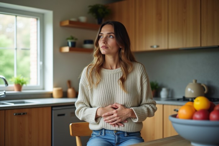 Femme pensive assise à la cuisine dans un cadre chaleureux