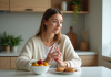 Femme en cuisine avec fruits et noix pour un mode de vie sain