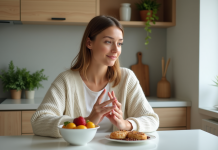 Femme en cuisine avec fruits et noix pour un mode de vie sain