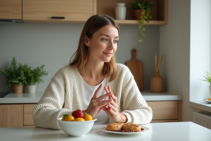 Femme en cuisine avec fruits et noix pour un mode de vie sain