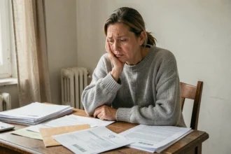 Femme dépressive face à des documents administratifs MDPH et dossiers d'invalidité sur une table en bois