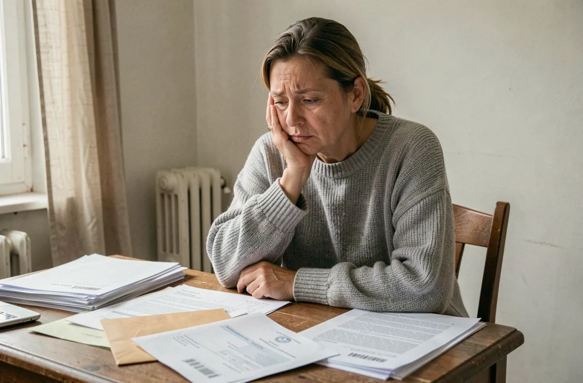 Femme dépressive face à des documents administratifs MDPH et dossiers d'invalidité sur une table en bois