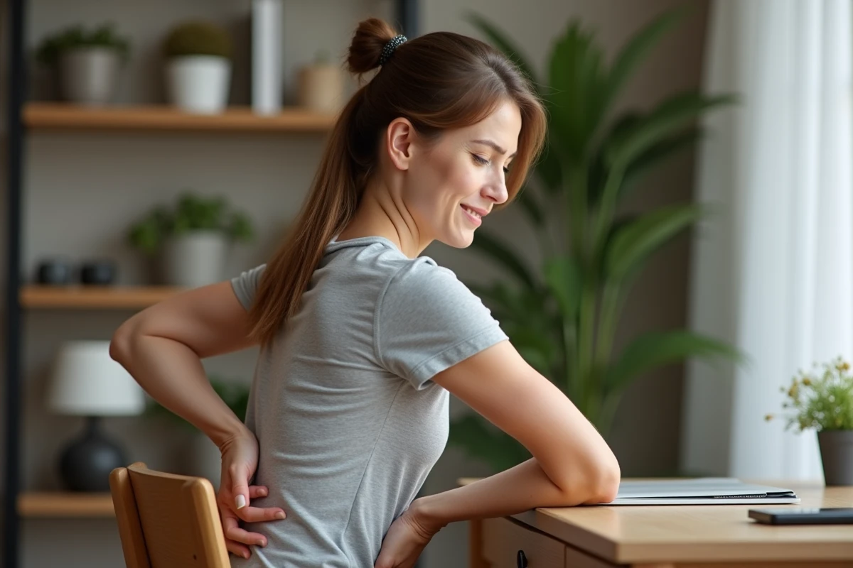 Femme tenant son haut du dos gauche avec une expression de douleur, assise à un bureau à domicile