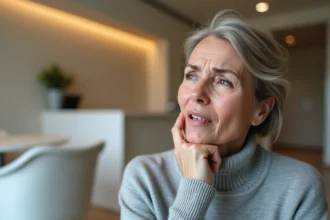 Femme d'âge mûr tenant sa mâchoire avec une expression de douleur dans une salle d'attente médicale