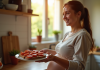 Femme enceinte souriante dans la cuisine avec du chorizo