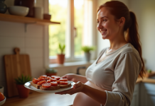 Femme enceinte souriante dans la cuisine avec du chorizo