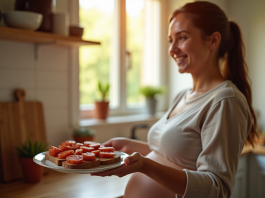Alimentation de la future maman : peut-on consommer du chorizo cuit ? Femme enceinte souriante dans la cuisine avec du chorizo