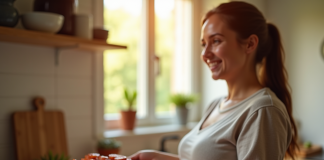 Femme enceinte souriante dans la cuisine avec du chorizo