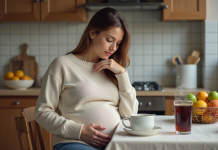 Effets de Nescafé et Coca-Cola sur la grossesse : que dit la science ? Femme enceinte assise à la cuisine avec tasse et soda