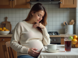 Effets de Nescafé et Coca-Cola sur la grossesse : que dit la science ? Femme enceinte assise à la cuisine avec tasse et soda