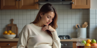 Effets de Nescafé et Coca-Cola sur la grossesse : que dit la science ? Femme enceinte assise à la cuisine avec tasse et soda