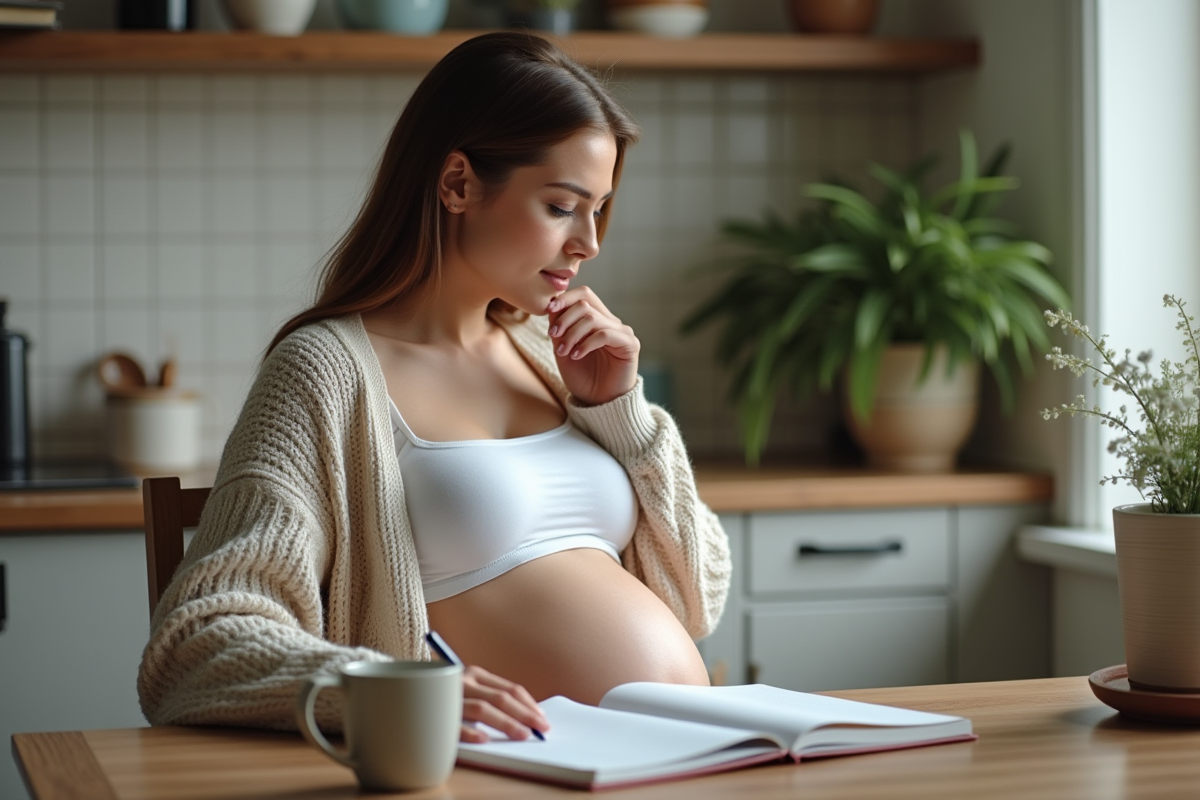 Femme enceinte pensant dans sa cuisine avec livre grossesse