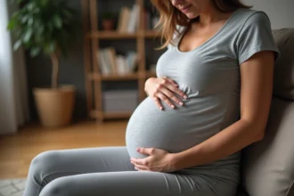 Femme enceinte assise tenant sa côte douloureuse dans un salon confortable