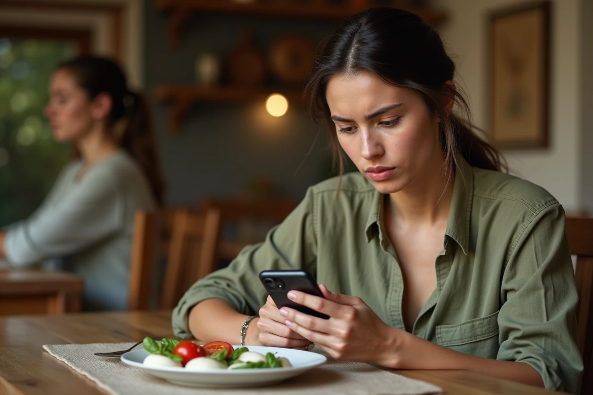 Femme enceinte consultant son téléphone sur les risques alimentaires de la mozzarella di bufala devant une salade caprese non consommée