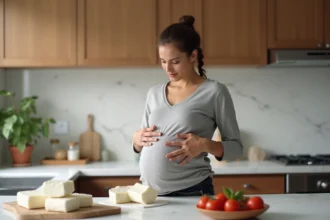 Femme enceinte examinant un paquet de mozzarella di bufala dans une cuisine moderne, illustrant les précautions alimentaires pendant la grossesse