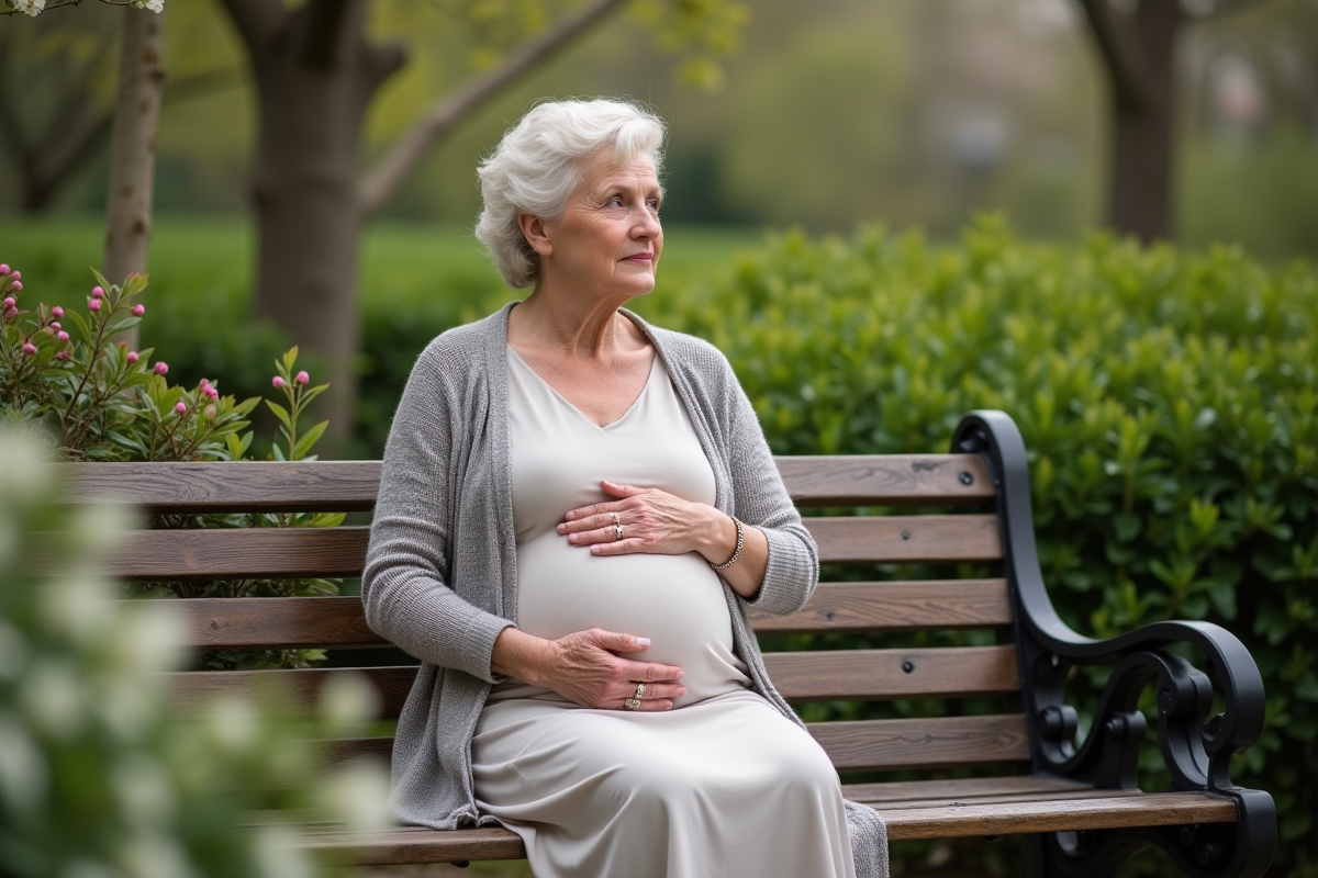 Femme enceinte assise dans un parc au printemps