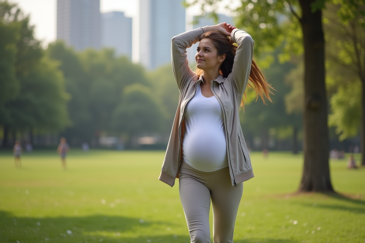 Femme enceinte en promenade dans un parc urbain