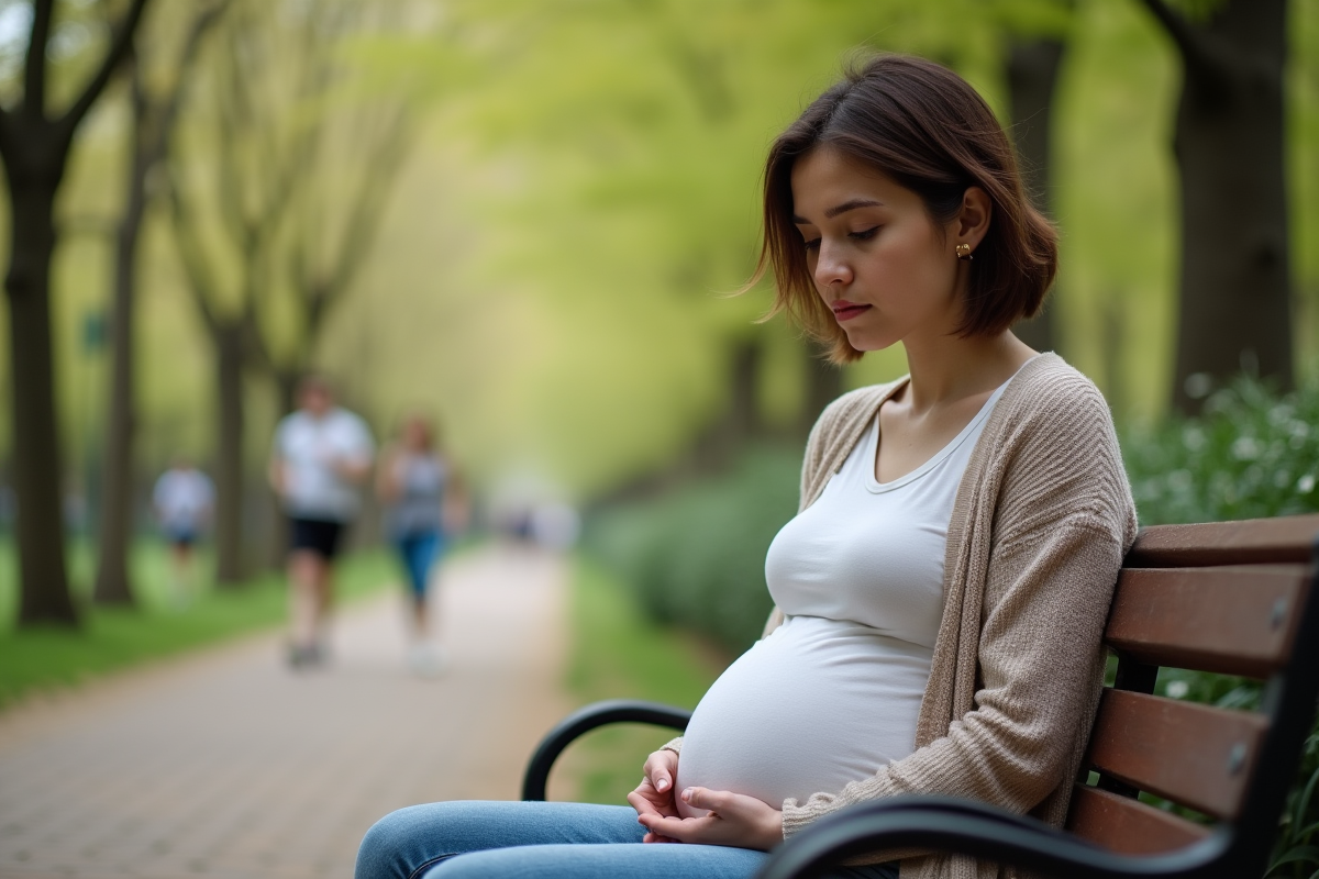 Femme enceinte dans un parc en pleine nature printaniere
