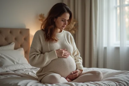 Femme enceinte assise dans sa chambre avec expression calme