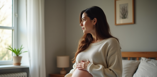 Femme enceinte assise sur le lit dans une chambre calme