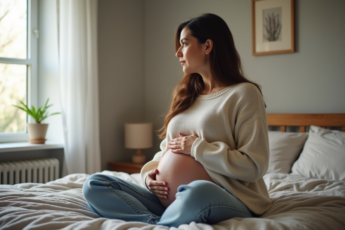 femme-enceinte-salon-1 Femme enceinte assise sur le lit dans une chambre calme