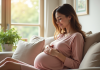 Femme enceinte souriante dans le salon lumineux