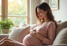 Femme enceinte souriante dans le salon lumineux