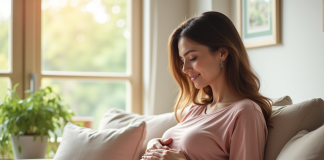 Femme enceinte souriante dans le salon lumineux